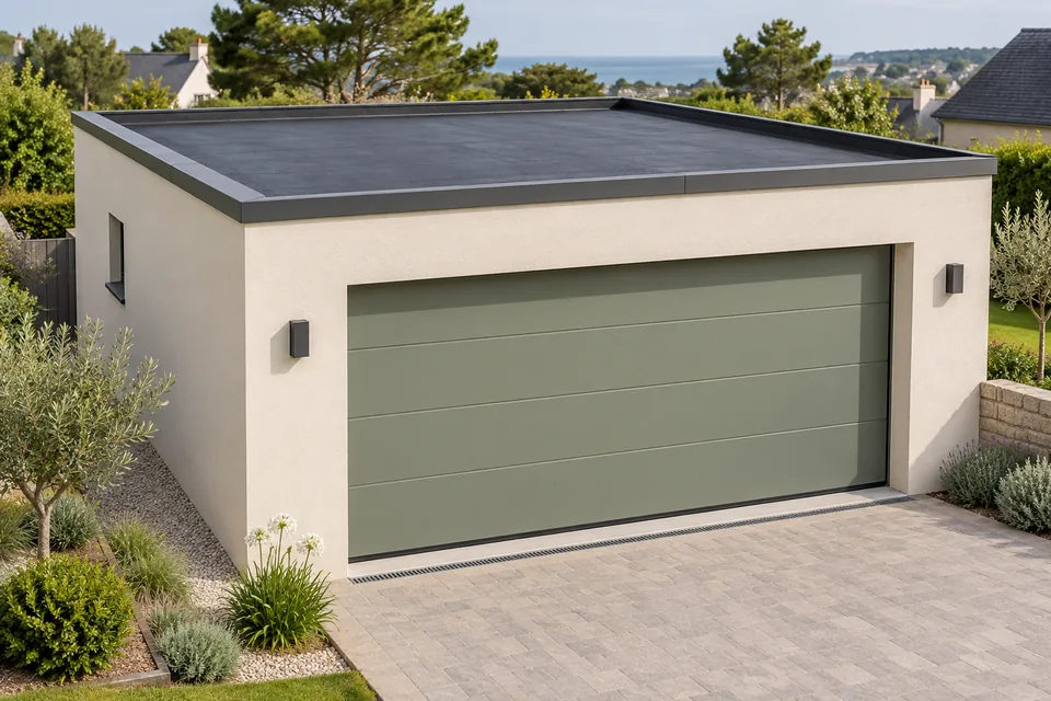 Garage indépendant avec une toiture plate et une grande porte verte