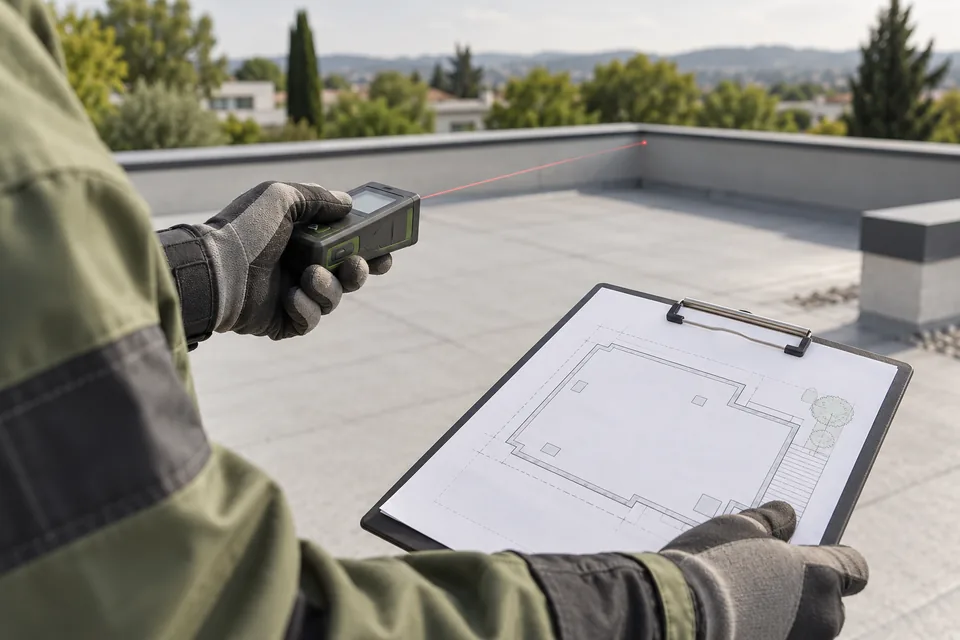 Relevé de surface d’un toit plat avec un plan et un appareil de mesure