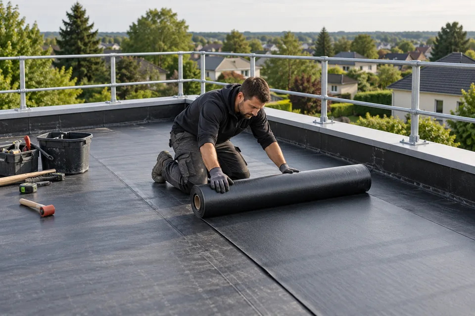 Illustration d’un professionnel travaillant sur une membrane de toiture
