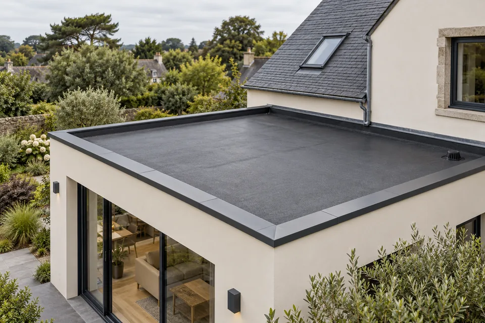 Illustration générée d’une extension de maison avec un toit plat sombre